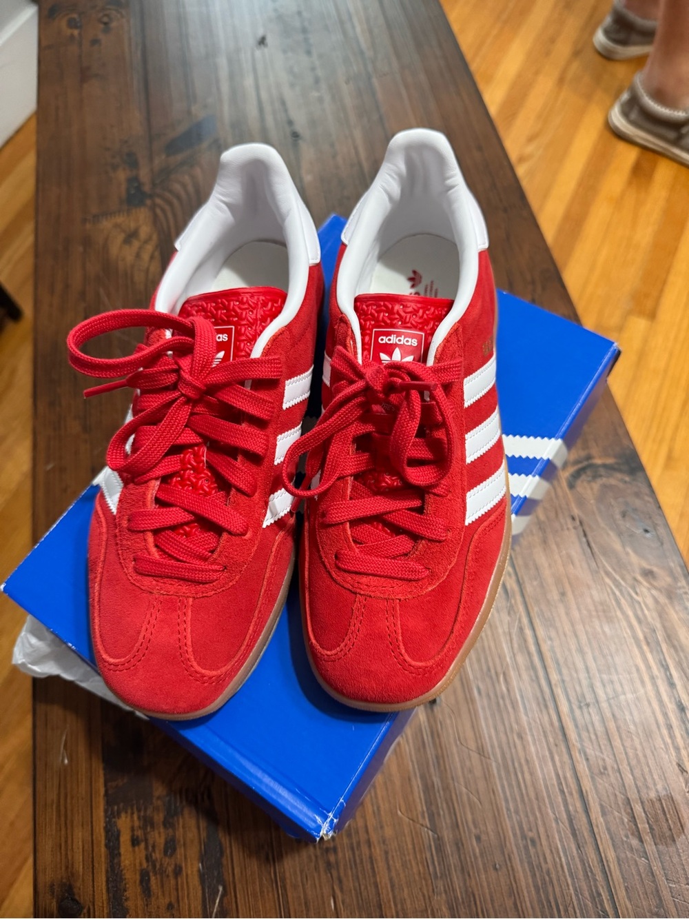 adidas Red Suede Sneakers with White Stripes